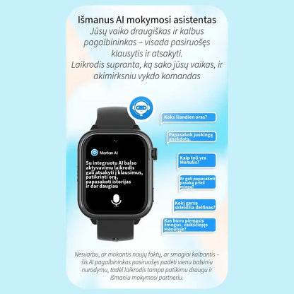 Juodas vaikiškas išmanusis laikrodis KT37, rodomas iš priekio su aprašomomis dirbtinio intelekto funkcijomis