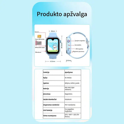 KT37 laikrodžio matmenys, dalių išdėstymas ir specifikacijų lentelė: 4G ryšys, 680 mAh baterija, IP67 ir GPS lokacija