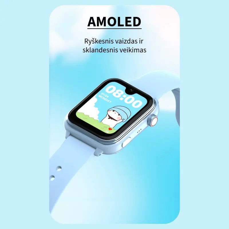 Mėlynas vaikiškas išmanusis laikrodis su amoled ekranu ir silikoniniu dirželiu vaizdais.