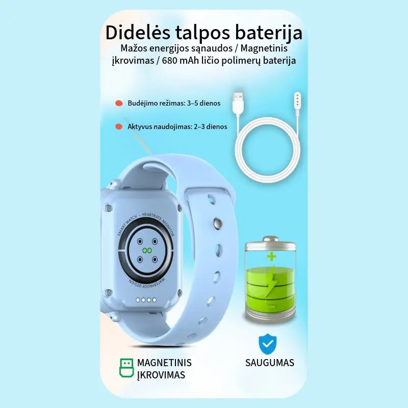 680 mAh baterijos talpa, magnetinis įkrovimas ir 3–5 dienų budėjimo režimas vaikiškame laikrodyje KT37