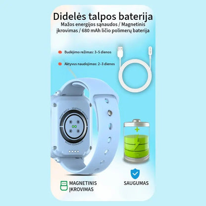 680 mAh baterijos talpa, magnetinis įkrovimas ir 3–5 dienų budėjimo režimas vaikiškame laikrodyje KT37