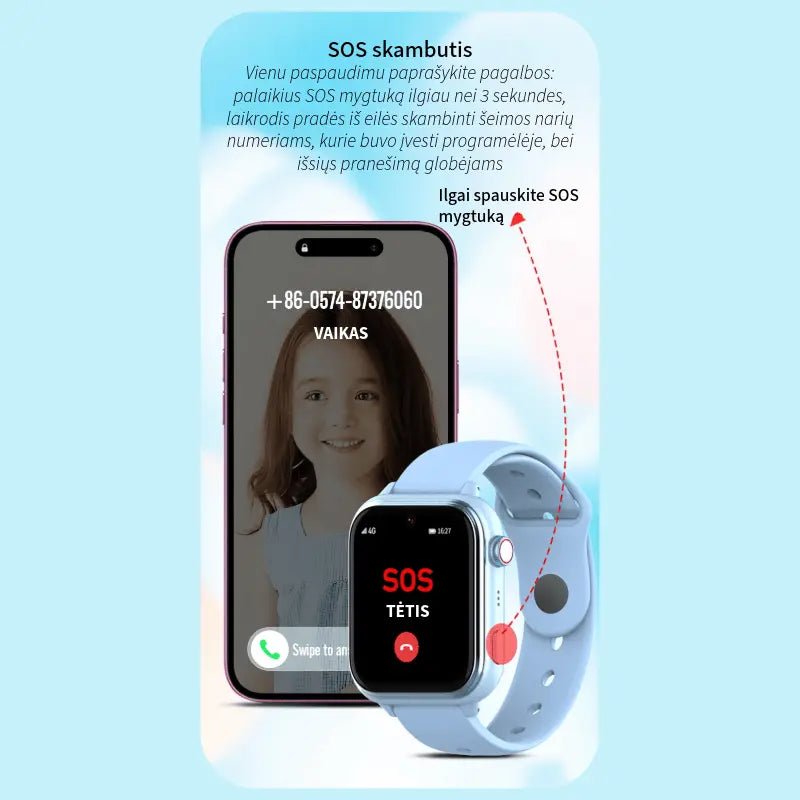 SOS skambučio funkcija vaikiškame laikrodyje, rodantis skambutį į tėvų telefoną su vaiko nuotrauka ekrane