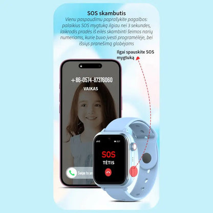 SOS skambučio funkcija vaikiškame laikrodyje, rodantis skambutį į tėvų telefoną su vaiko nuotrauka ekrane