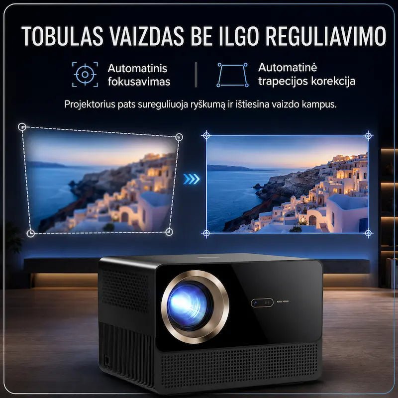 CR67 automatinis fokusavimas ir trapecijos korekcija tiesiam bei ryškiam projekcijos vaizdui