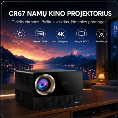 Išmanusis namų kino projektorius CR67 su 1200 ANSI ryškumu, Native 1080P raiška ir Google TV OS