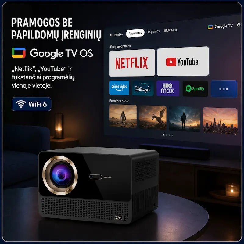 CR67 išmanusis projektorius su Google TV OS, Netflix, YouTube ir kitomis programėlėmis