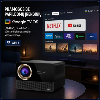CR67 išmanusis projektorius su Google TV OS, Netflix, YouTube ir kitomis programėlėmis