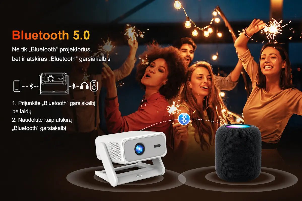Projektoriaus ir „Bluetooth“ garsiakalbio funkcijos pristatymo reklama