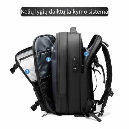 Kelioninės kuprinės nugarėlė, paminkštintos petnešos ir kvėpuojanti nugaros dalis.