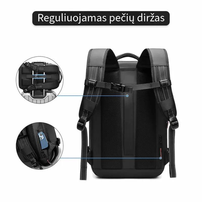 Reguliuojamos kuprinės petnešos ir krūtinės diržas patogiam nešiojimui.