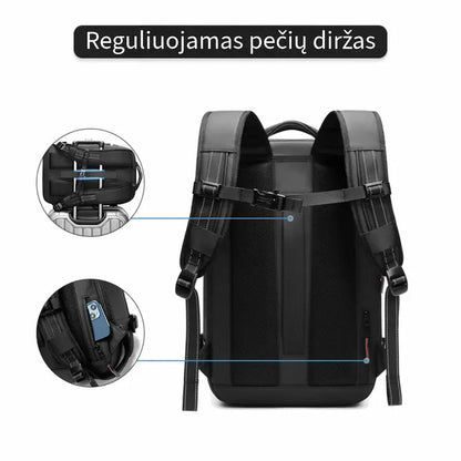 Reguliuojamos kuprinės petnešos ir krūtinės diržas patogiam nešiojimui.