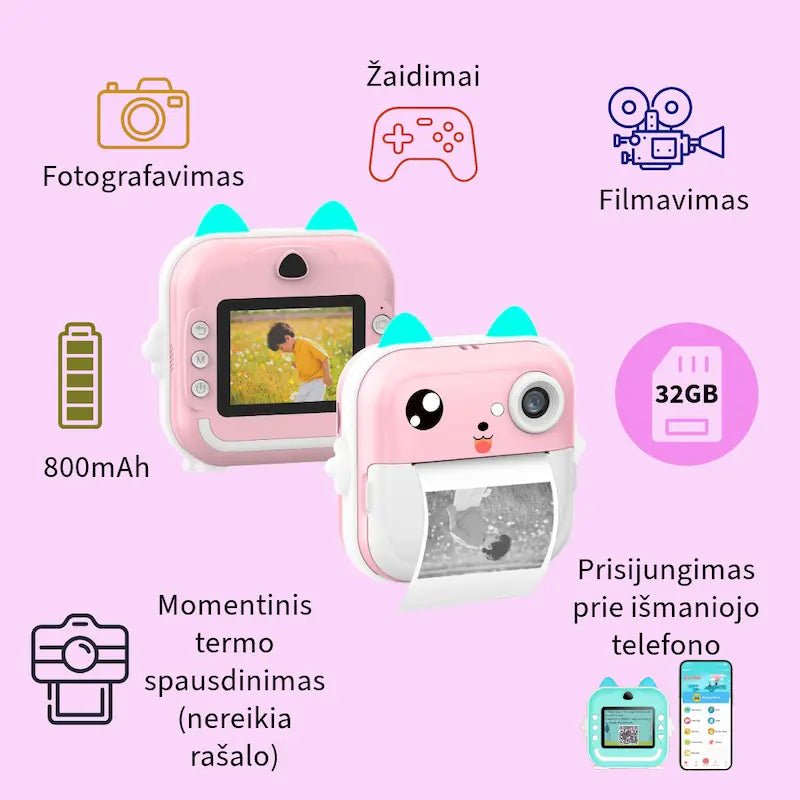 Vaikiškas fotoaparatas su spausdinimo funkcija, spalvotais flomasteriais ir popieriumi.