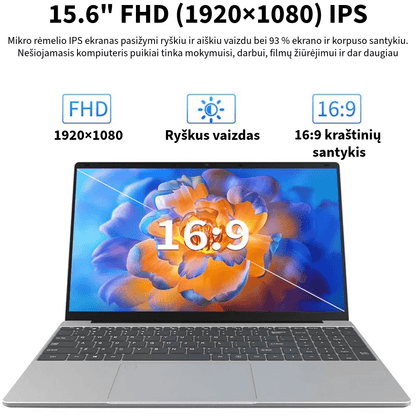 Nešiojamas kompiuteris PRITOM D15 (Windows 11, 15.6 colių, Full HD, 256 GB atmintis)