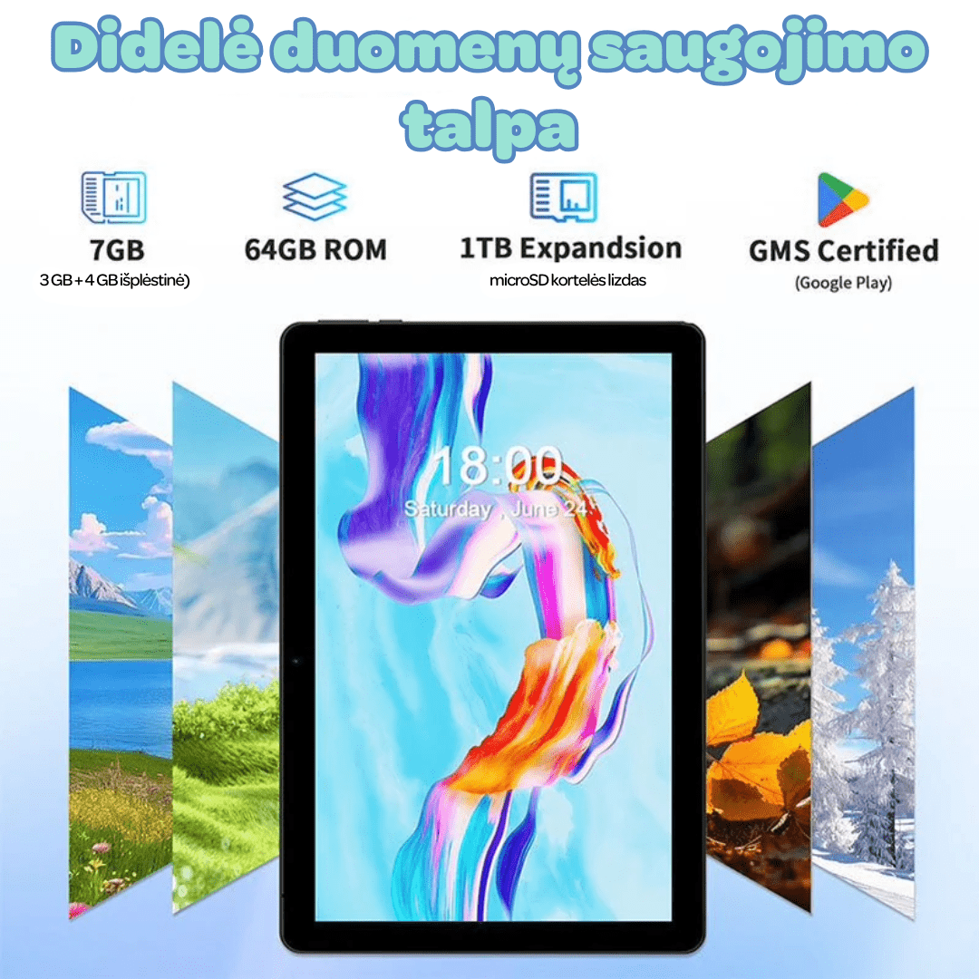 Planšetinis kompiuteris M30A su lietuvių kalba, Android 15.0, 10.1 colių ekranu, 64 GB atmintimi, mėlynos spalvos, komplektuojamas su priedais