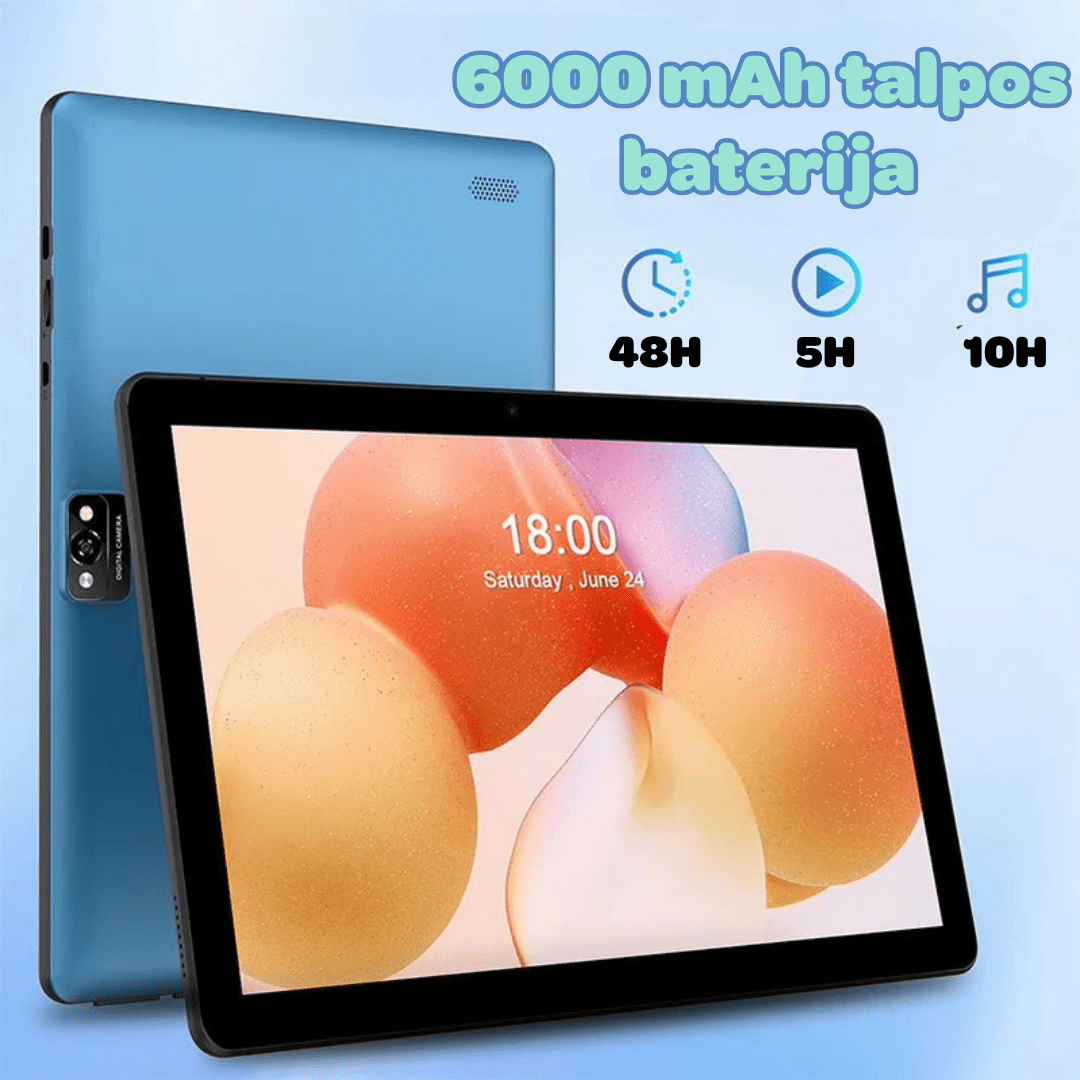 Planšetinis kompiuteris M30A su lietuvių kalba, Android 15.0, 10.1 colių ekranu, 64 GB atmintimi, mėlynos spalvos, komplektuojamas su priedais, ilgai veikianti baterija