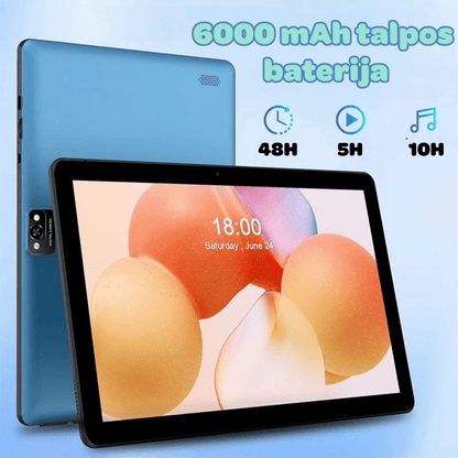 Planšetinis kompiuteris M30A su lietuvių kalba, Android 15.0, 10.1 colių ekranu, 64 GB atmintimi, mėlynos spalvos, komplektuojamas su priedais, ilgai veikianti baterija