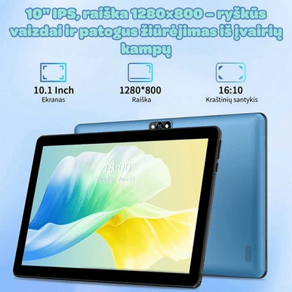 Planšetinis kompiuteris M30A su lietuvių kalba, Android 15.0, 10.1 colių ekranu, 64 GB atmintimi, mėlynos spalvos, komplektuojamas su priedais, 5G WIFI