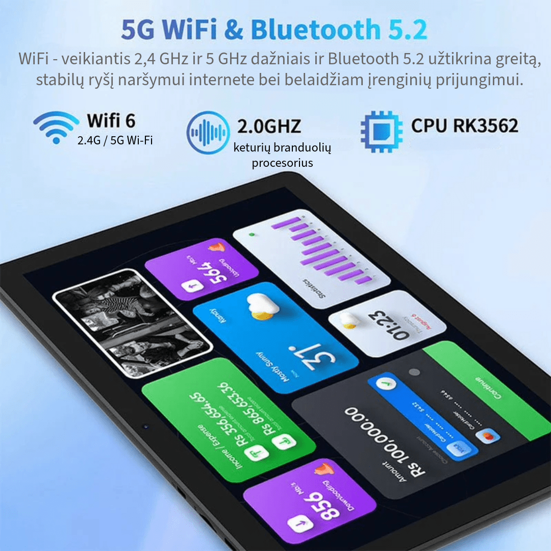 Planšetinis kompiuteris M30A su lietuvių kalba, Android 15.0, 10.1 colių ekranu, 64 GB atmintimi, mėlynos spalvos, komplektuojamas su priedais, 5G WIFI
