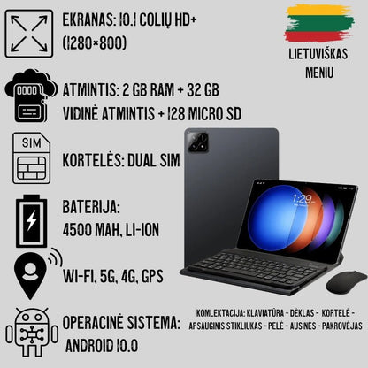 Planšetinis kompiuteris su SIM kortelėmis, dideliu ekranu, klaviatūra, wifi, android 10 sistema, lietuviškas meniu , didelės talpos baterija