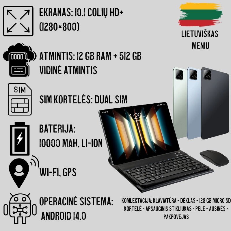 Planšetinis kompiuteris su SIM kortelėmis, dideliu ekranu, klaviatūra, wifi, android 14 sistema, lietuviškas meniu , didelės talpos baterija