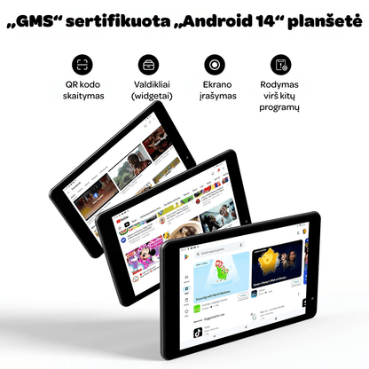 Google sertifikuota planšetė, android 14 operacinė sistema, galinga ir greita 