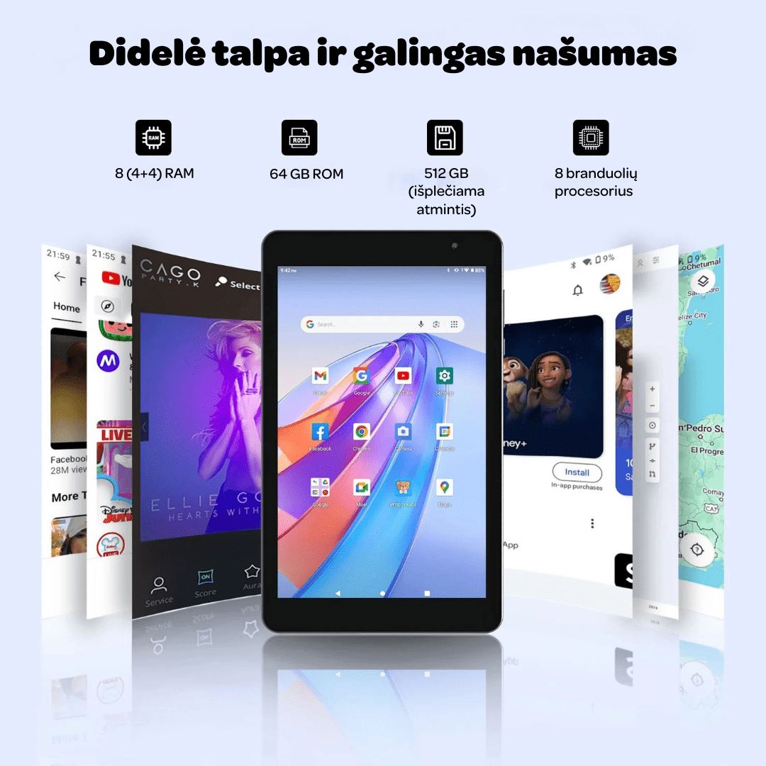 Planšetinis kompiuteris B8 su lietuvių kalba, Android 14.0, 8 colių ekranu, 64 GB atmintimi, pilkos spalvos, aukštos kokybės