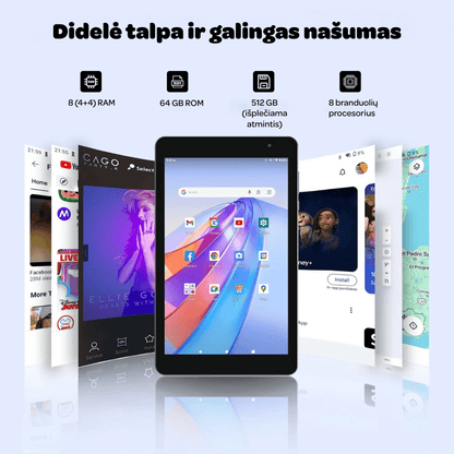 Planšetinis kompiuteris B8 su lietuvių kalba, Android 14.0, 8 colių ekranu, 64 GB atmintimi, pilkos spalvos, aukštos kokybės