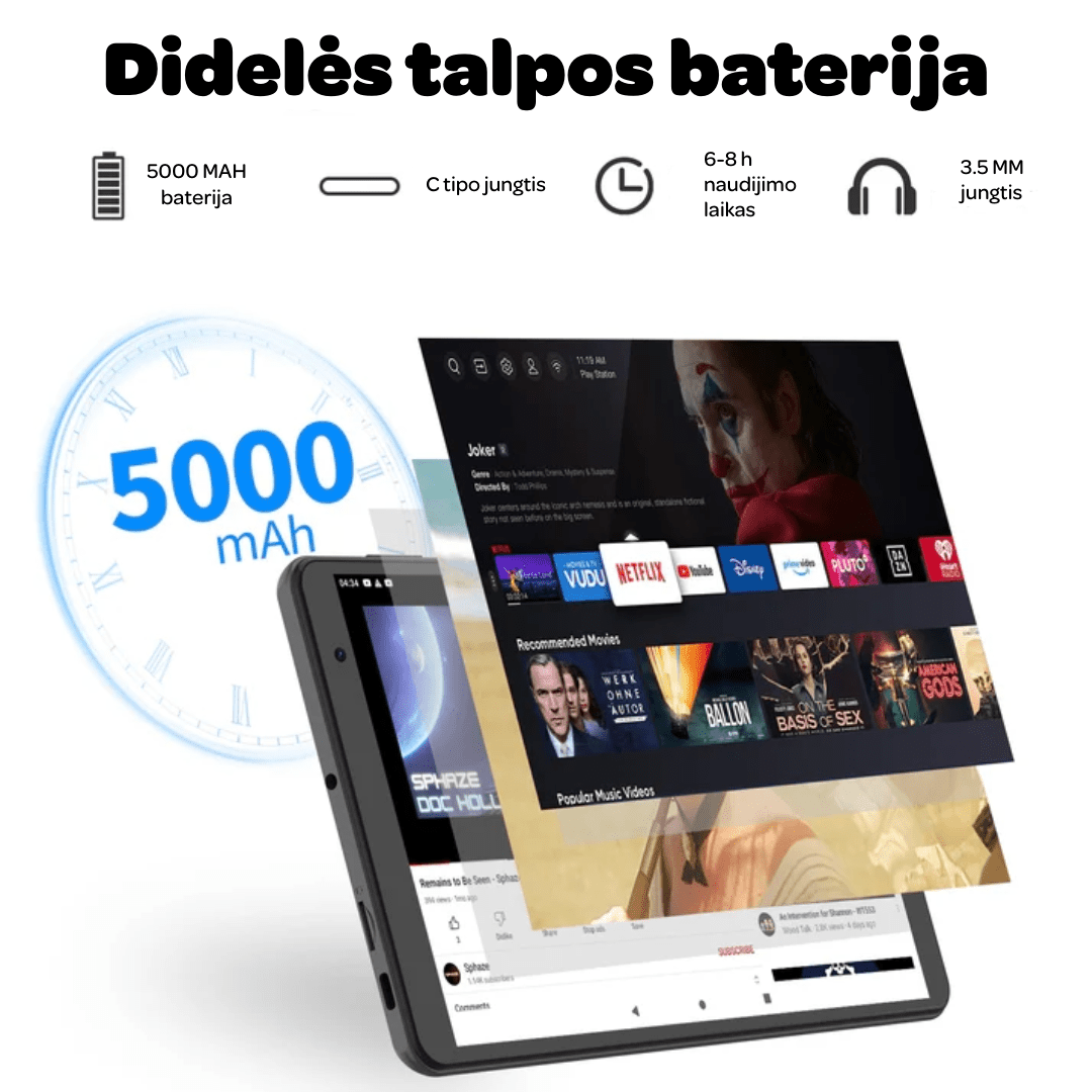 Planšetinis kompiuteris B8 su lietuvių kalba, Android 14.0, 8 colių ekranu, 64 GB atmintimi, pilkos spalvos, aukštos kokybės