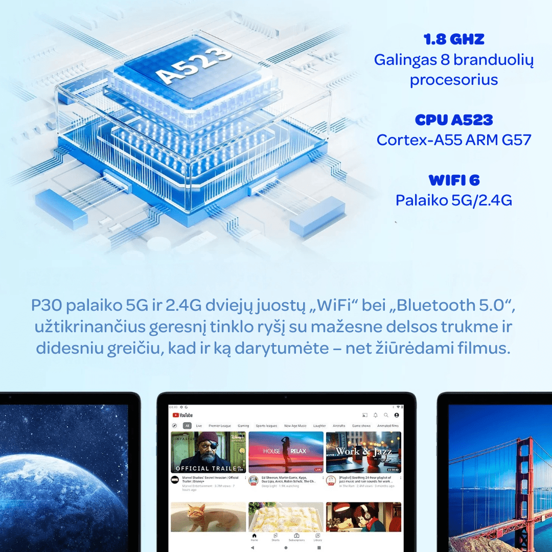 Planšetinis kompiuteris P30H su lietuvių kalba, Android 15.0, 10.1 colių ekranu, 128 GB atmintimi, komplektuojamas su priedais