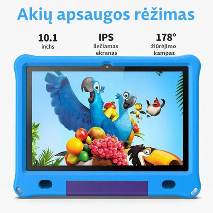 10,1 colio vaikiška planšetė: akių apsauga, IPS ekranas, 178° kampas. Ekrane – animacinio filmo „Rio“ herojai.