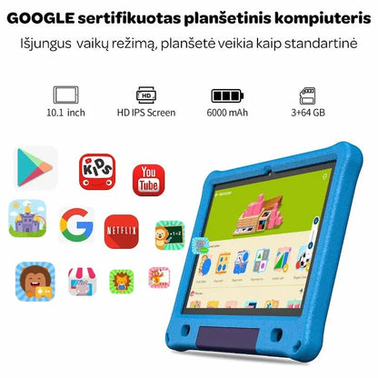 Vaikiškas 10,1 colių planšetinis kompiuteris su Google sertifikatu, 6000 mAh baterija ir 64 GB atmintimi. Mėlynas apsauginis dėklas.