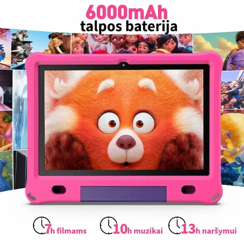 Rožinis vaikiškas planšetinis kompiuteris su 6000 mAh talpos baterija, užtikrinančia iki 7 valandų vaizdo įrašų peržiūros