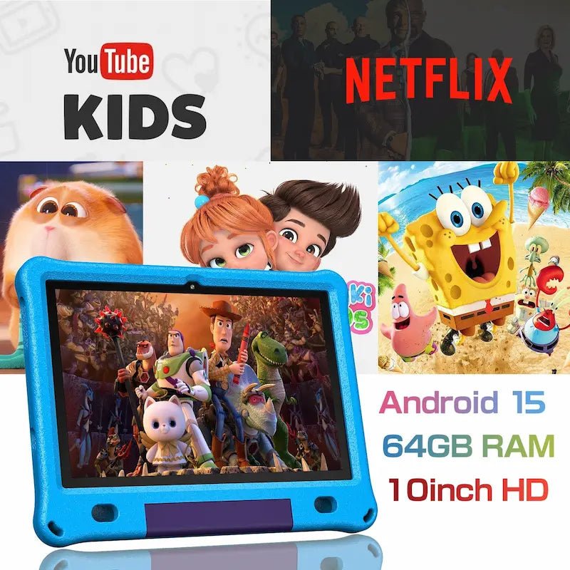 Android 15“ vaikiškas planšetinis kompiuteris, 10 colių HD ekranas, 64 GB vidinė atmintis, suderinamas su „YouTube Kids“ ir „Netflix