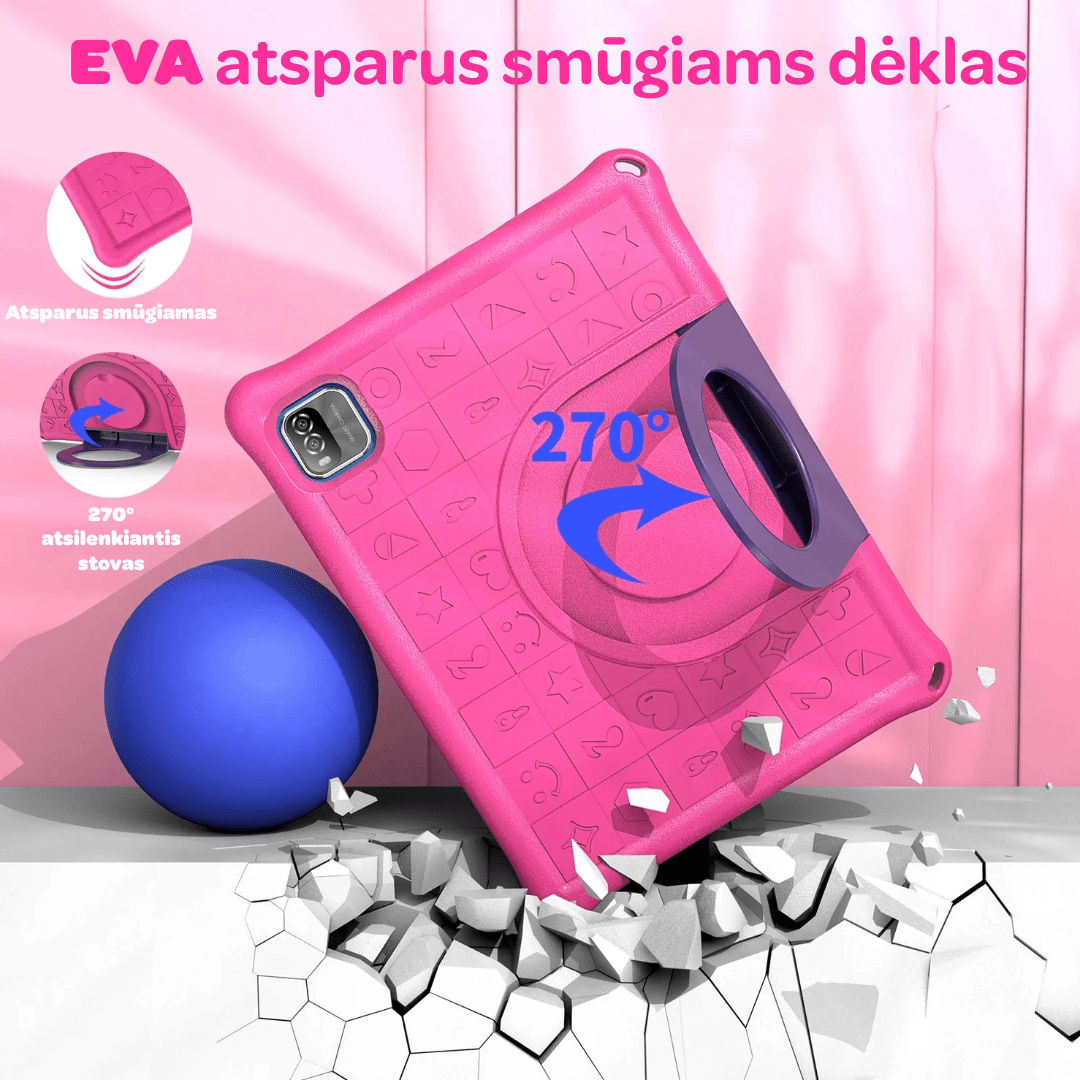 Vaikiškas planšetinis kompiuteris B10K su lietuvių kalba, Android 15.0, 10 colių ekranu, 64 GB atmintimi, EVA apsauginis dėklas