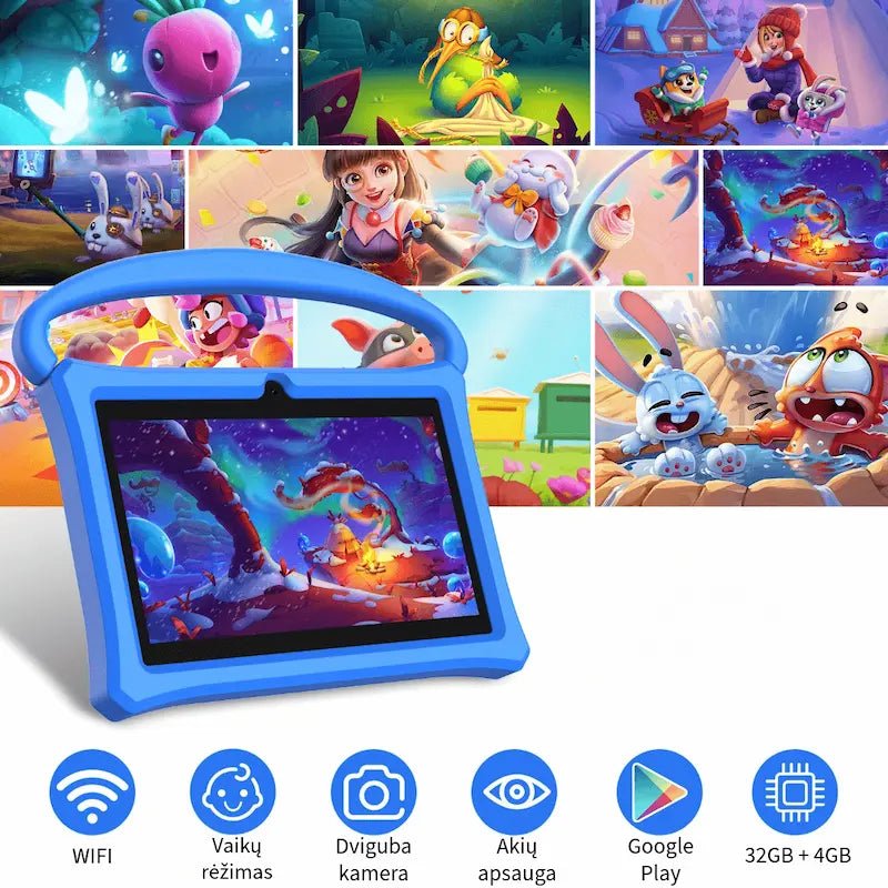planšetė vaikams su wifi bluetooth, dviguba kamera, vaikų rėžimu, google play, 32 gb vidinė atmintis