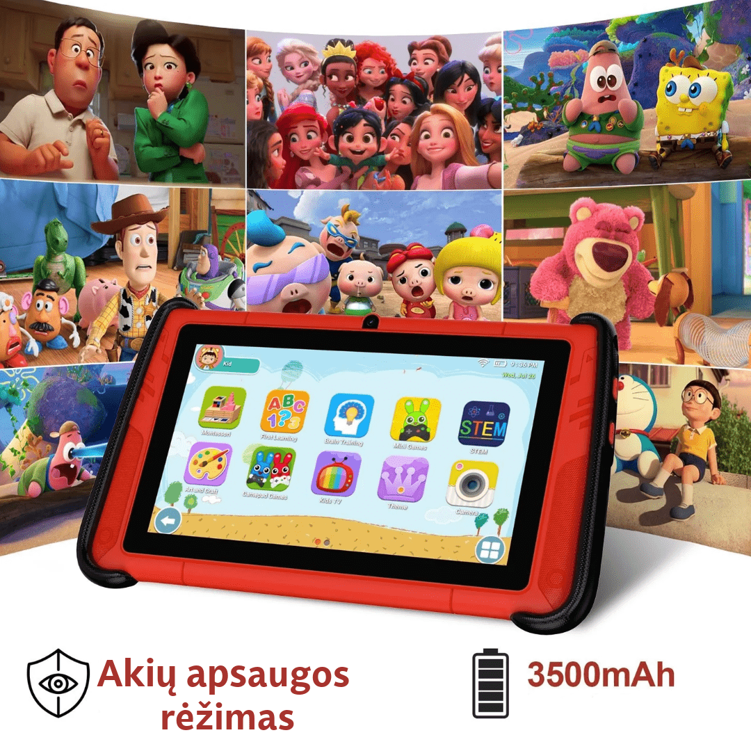 Vaikiškas planšetinis kompiuteris K7 PRO SPORT CAR su lietuvių kalba, Android 15.0, 7 colių ekranu, 32 GB atmintimi, komplekte 2 valdymo pultai, akių apsauga, 3500 mah baterija