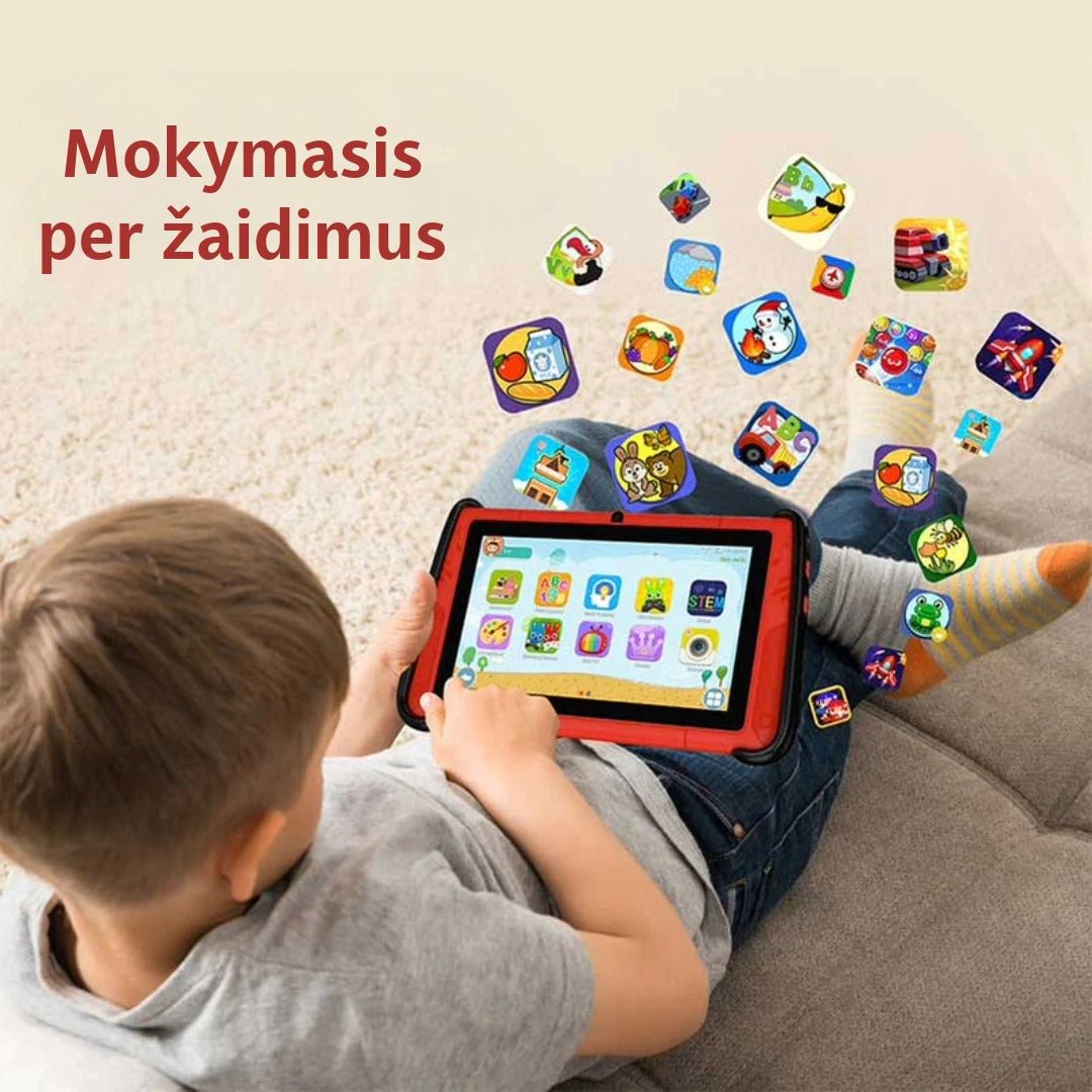 Vaikiškas planšetinis kompiuteris K7 PRO SPORT CAR su lietuvių kalba, Android 15.0, 7 colių ekranu, 32 GB atmintimi, komplekte 2 valdymo pultai, žaisk ir mokinkis