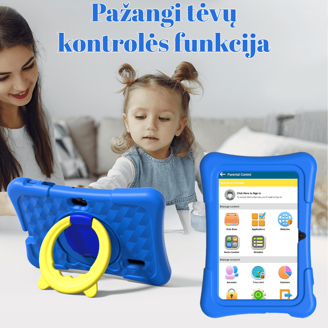 planšetė vaikams, mėlynos ir rožinės spalvos, mergaitėms ir berniukams, pažangi tėvų kontrolės funkcija