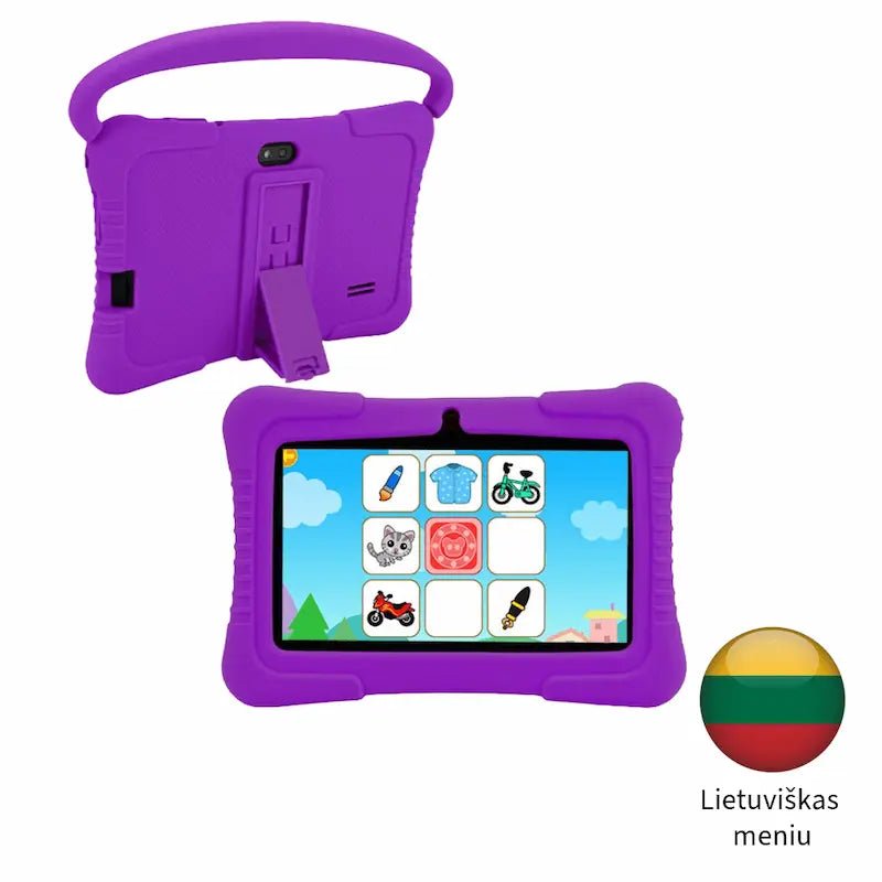 Violetinė vaikiška planšetė su apsauginiu dėklu ir integruotu stovu.