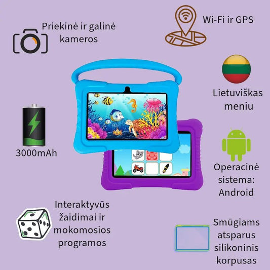Vaikiškos planšetės pagrindinės funkcijos ir lietuvių kalbos palaikymas.