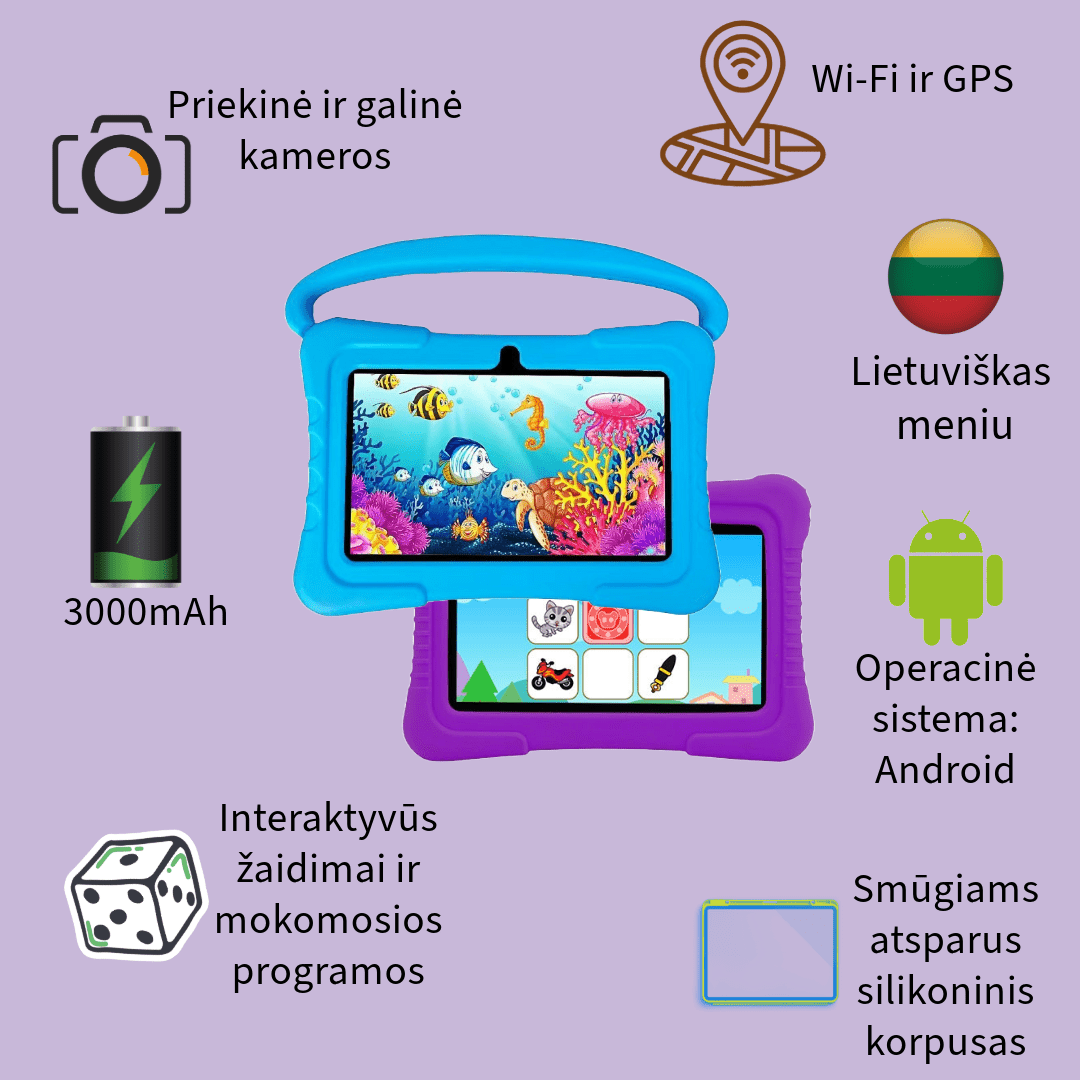 Planšetinis kompiuteris vaikams, mėlynos spalvos, su lietuvių kalba, GPS, android sistema, wifi , priekinė ir galinė kameros, smūgiams atsparus silikoninis korpusas