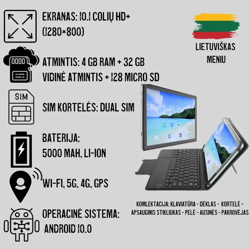 Planšetės techniniai duomenys lietuvių k.: 10,1" HD ekranas, 4+32GB atmintis, Dual SIM, 5000 mAh baterija, Android 10.0