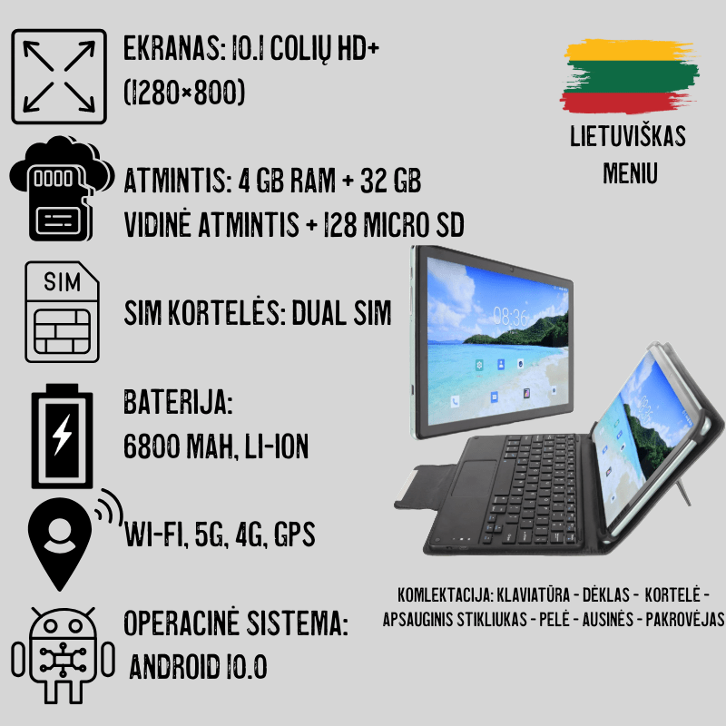 juodos spalvos planšetinis kompiuteris, su didele atminties talpa,  nano SIM kortelėmis, 6800 mah baterija, wifi, gps, klaviatūra, pelė, dėklas, android 10 operacine sistema