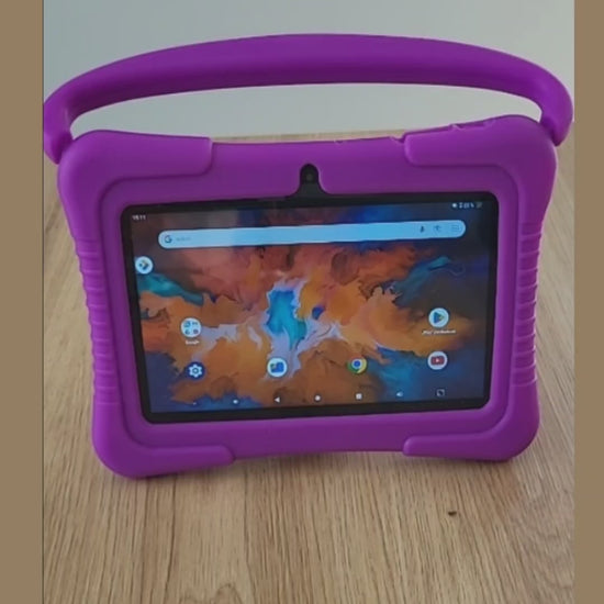 planšetinis kompiuteris vaikams su silikoniniu dėklu , android sistema, violetinės spalvos su rankena 