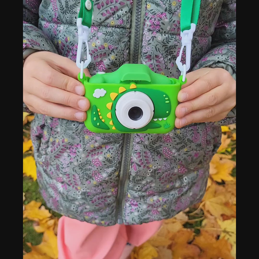 Vaikiškas fotoaparatas su animacinia dinozauro tema, 32 GB, žalios spalvos, filmavimas ir fotografavimas video reklama