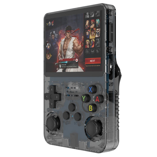 Juoda nešiojama retro žaidimų konsolė R36S su 3,5 colio IPS ekranu