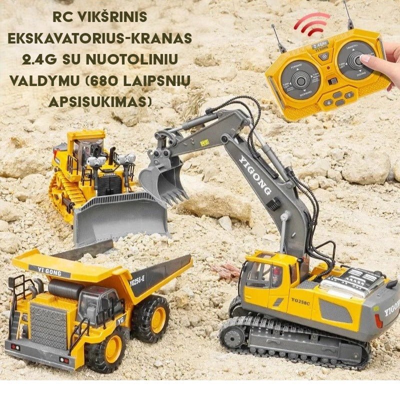 rc ekskavatorius - kranas su nuotolinio valdymo pulteliu, patogus valdymas, 680 laipsnių apsisukimas, smėlio kasimas