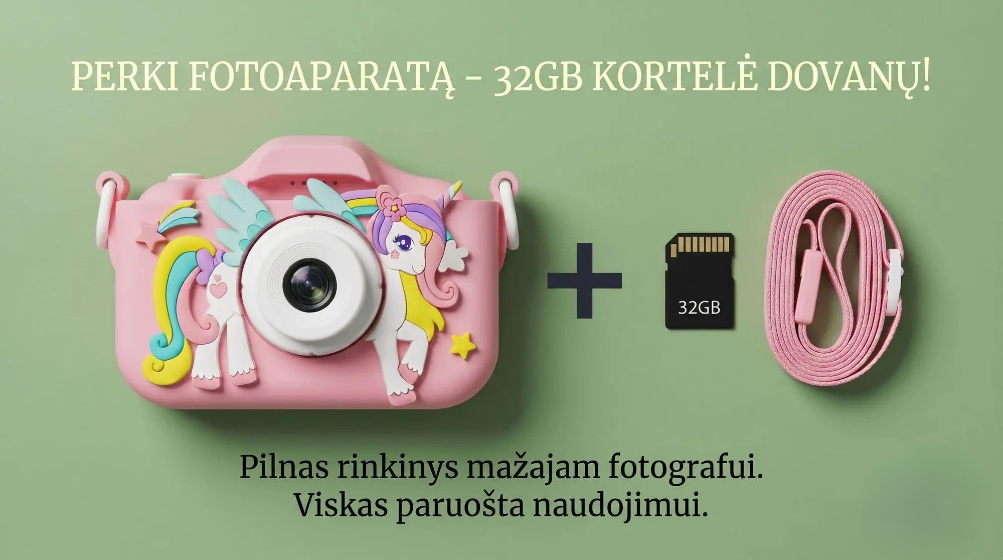 skaitmeninis fotoaparatas vienaragis rožinės spalvos su 32 GB atminties kortele , dovanos mergaitėms