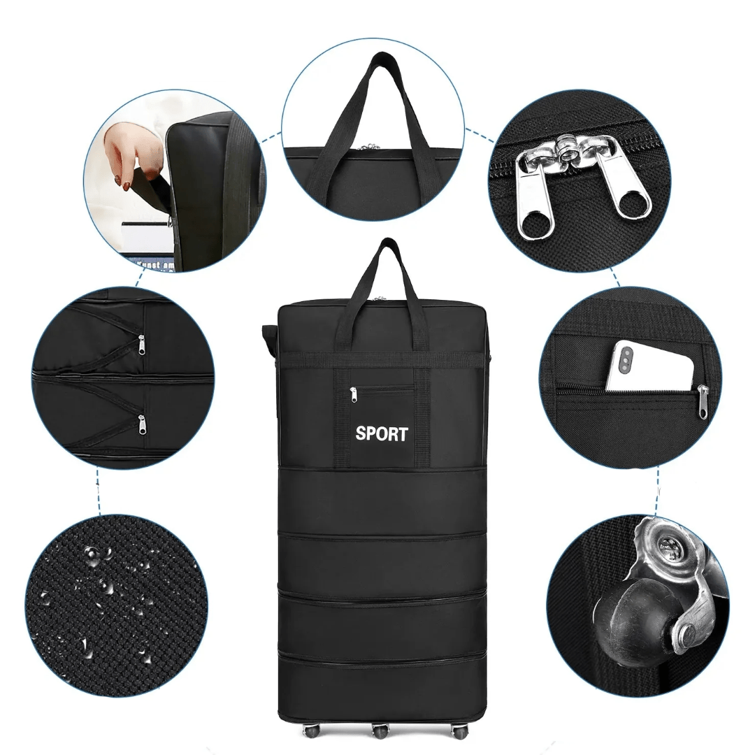 sulankstomas išplečiamas lagaminas juodos spalvos su kišene ir ratukais