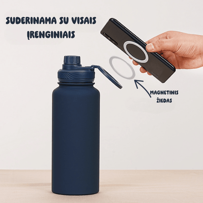 sportinė gertuvė juodos spalvos, termosas , su magnetiniu laikikliu su magnetiniu žiedu